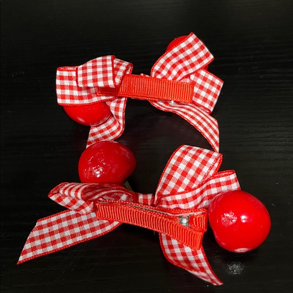 Cherry Bow Kids Hair Clips - Red Gingham - Picture 3 of 3